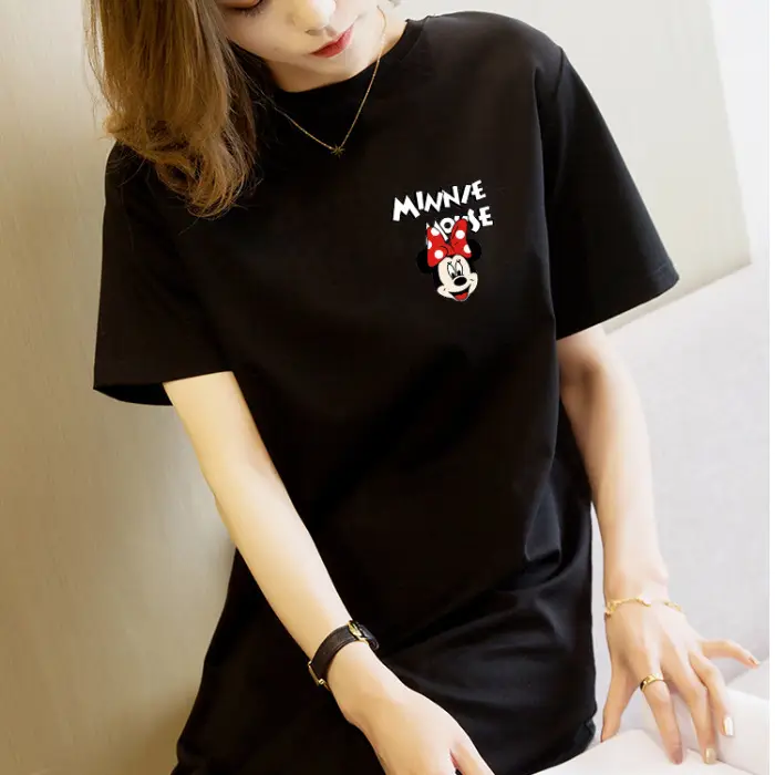 Women Printed T-Shirt Dress Black Mid Length Korean Style - Image 7