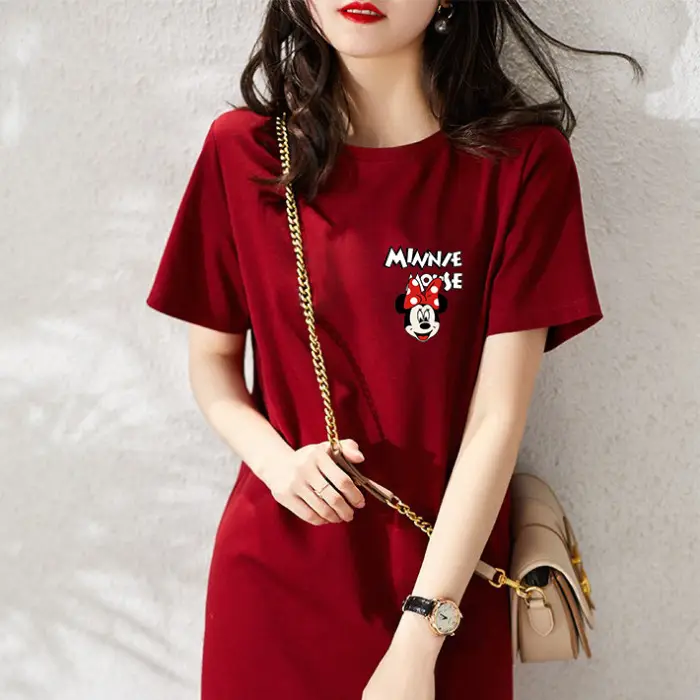 Women Printed T-Shirt Dress Black Mid Length Korean Style - Image 8