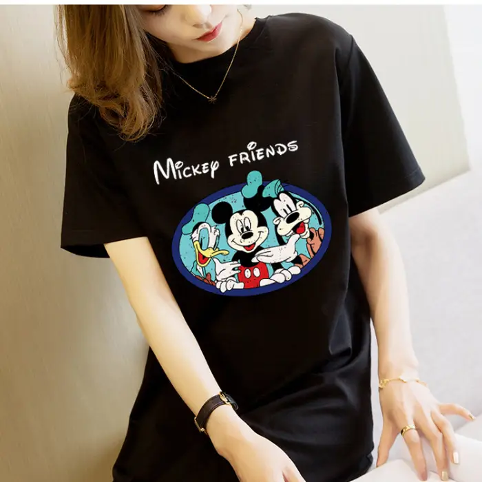 Women Printed T-Shirt Dress Black Mid Length Korean Style - Image 9