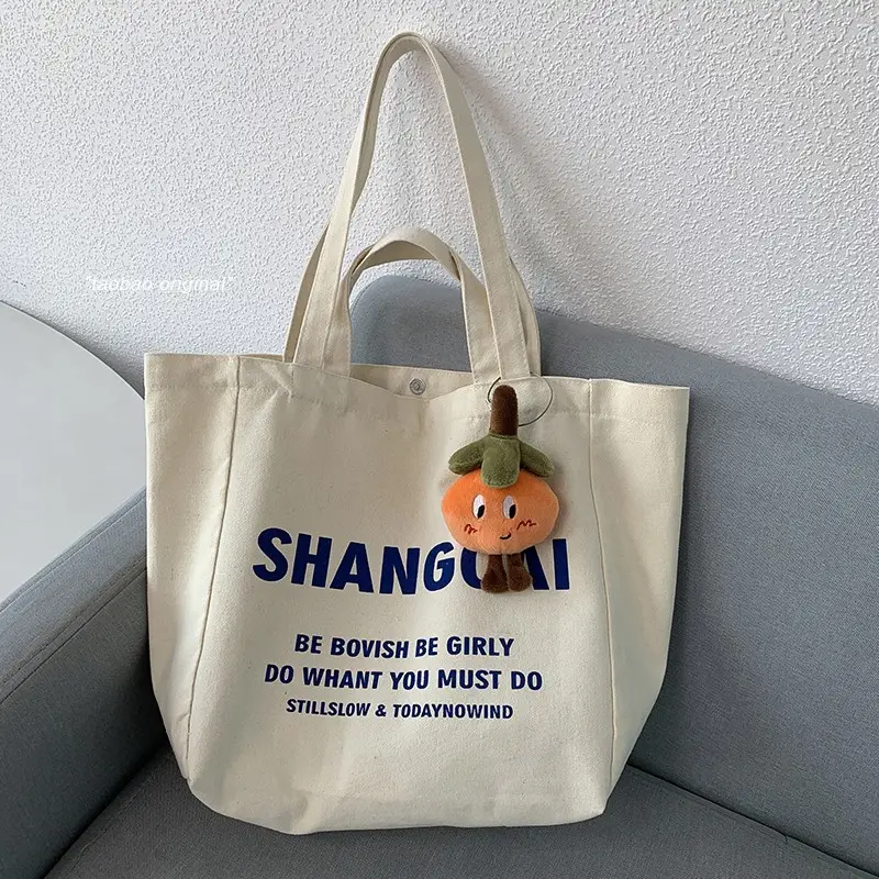 Women Canvas Tote Bag Hello Apple Design Large Capacity