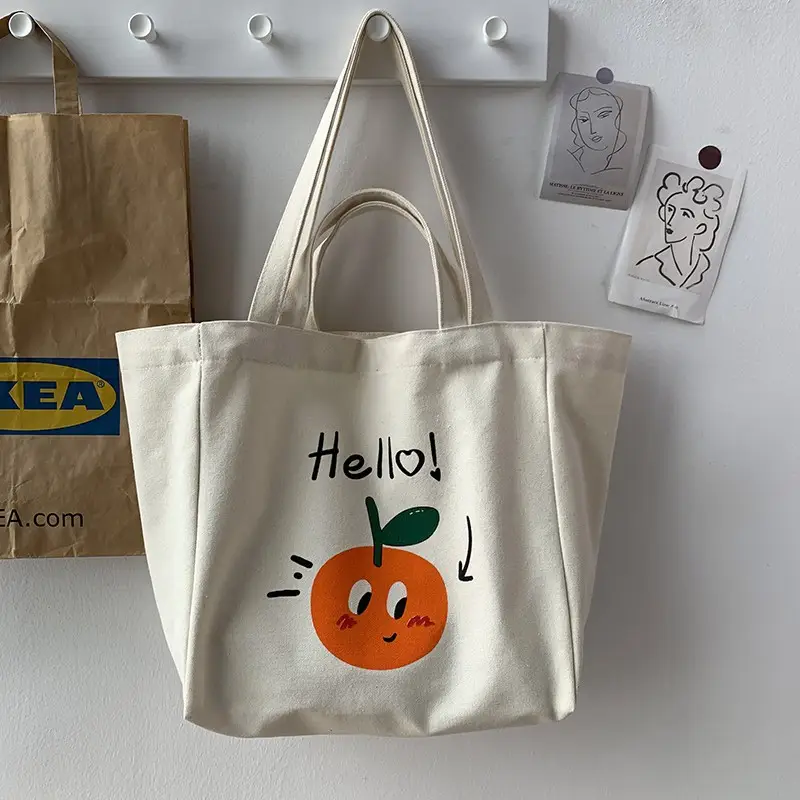 Women Canvas Tote Bag Hello Apple Design Large Capacity