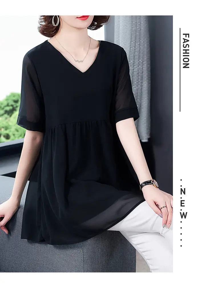 2026 Plus Size Chiffon Blouse Black V-Neck Loose Fit — feature 18