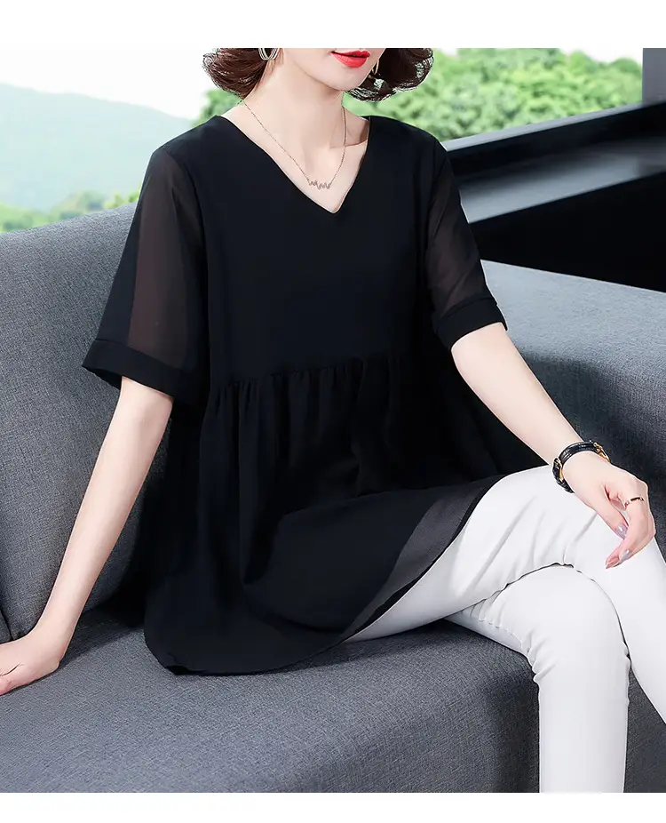 2026 Plus Size Chiffon Blouse Black V-Neck Loose Fit — feature 20