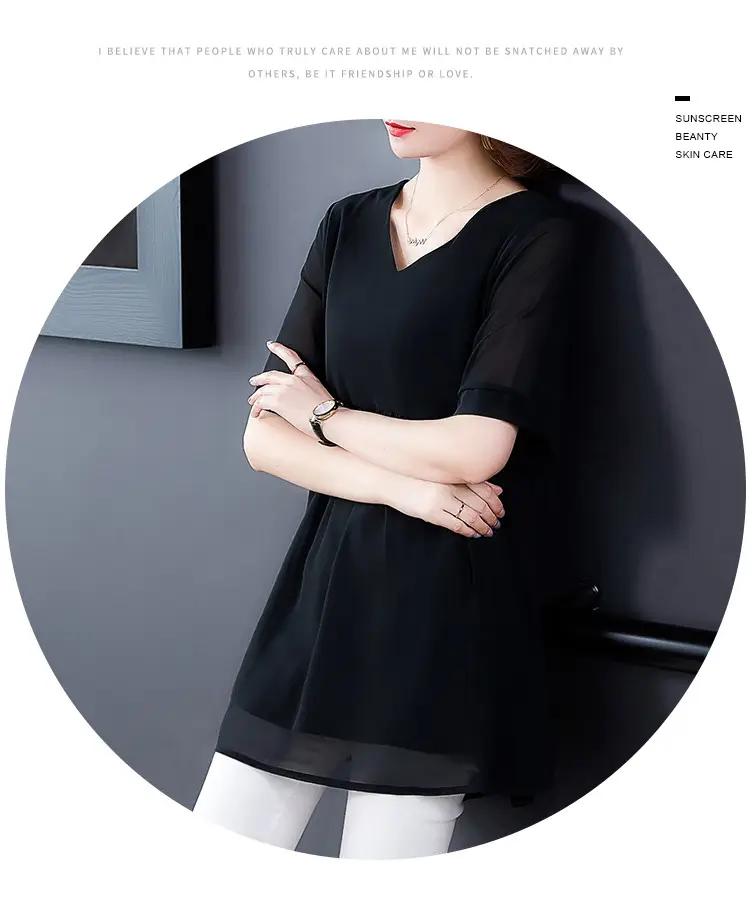 2026 Plus Size Chiffon Blouse Black V-Neck Loose Fit — feature 21