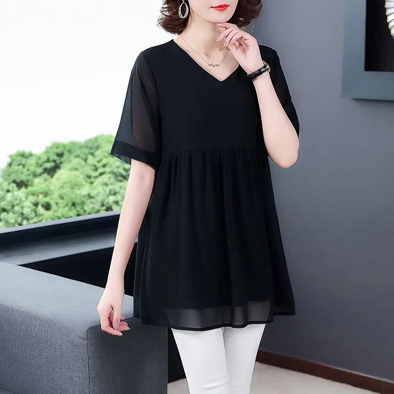 2026 Plus Size Chiffon Blouse Black V-Neck Loose Fit - Image 2