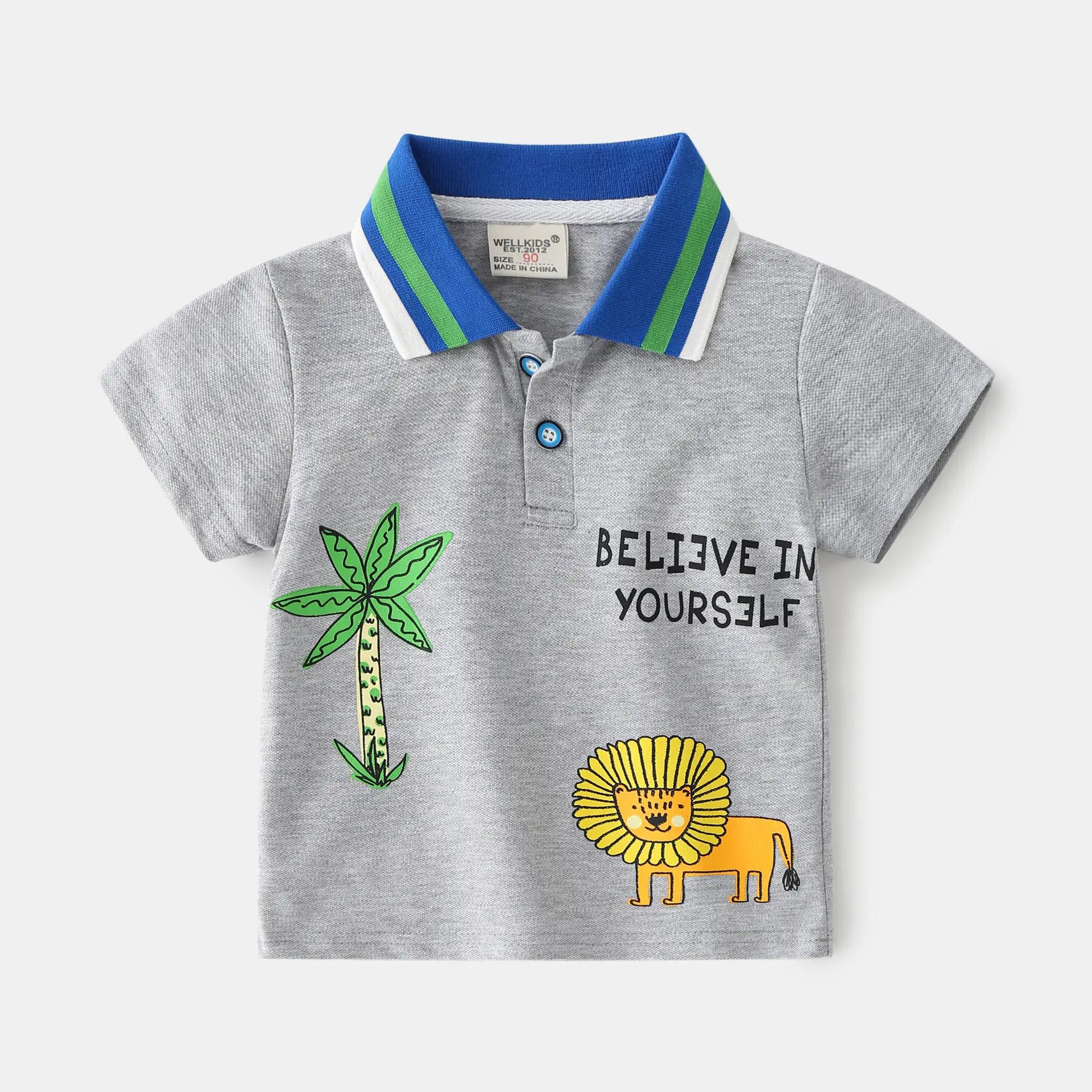 Kids Boys Polo Shirt Grey Animal Print Short Sleeve - Image 3