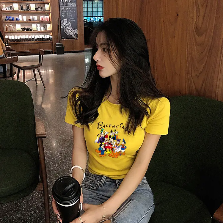 Women Balenciaga Printed Summer T-Shirt Cream