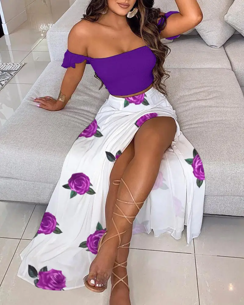 White Feather Print Mid-Length French Boho Dress