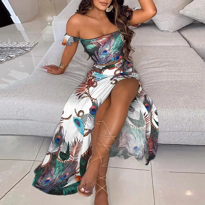 White Feather Print Mid-Length French Boho Dress