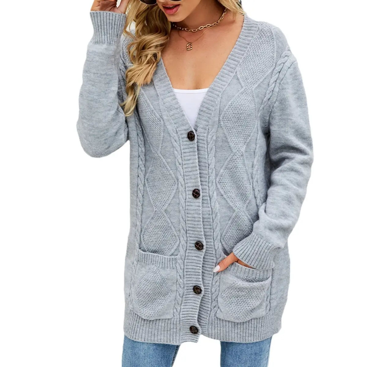 Women Cable Knit Button Cardigan Long Sleeve - Image 12