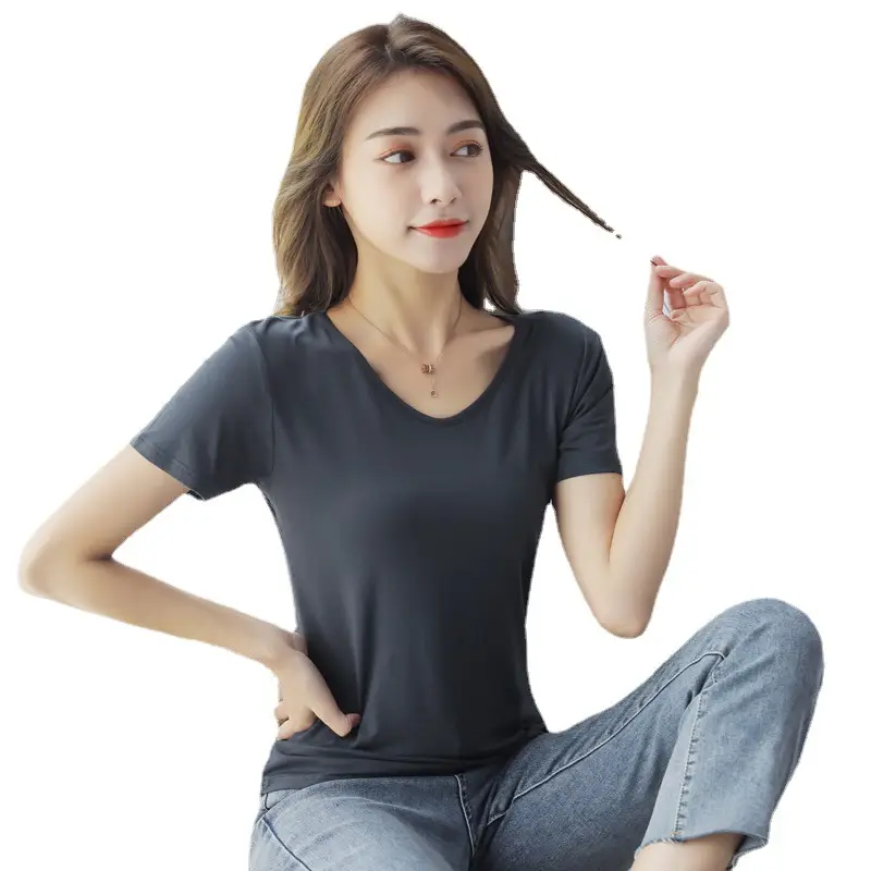 Women Brown Short Sleeve V Neck T-Shirt 2025 - Image 17