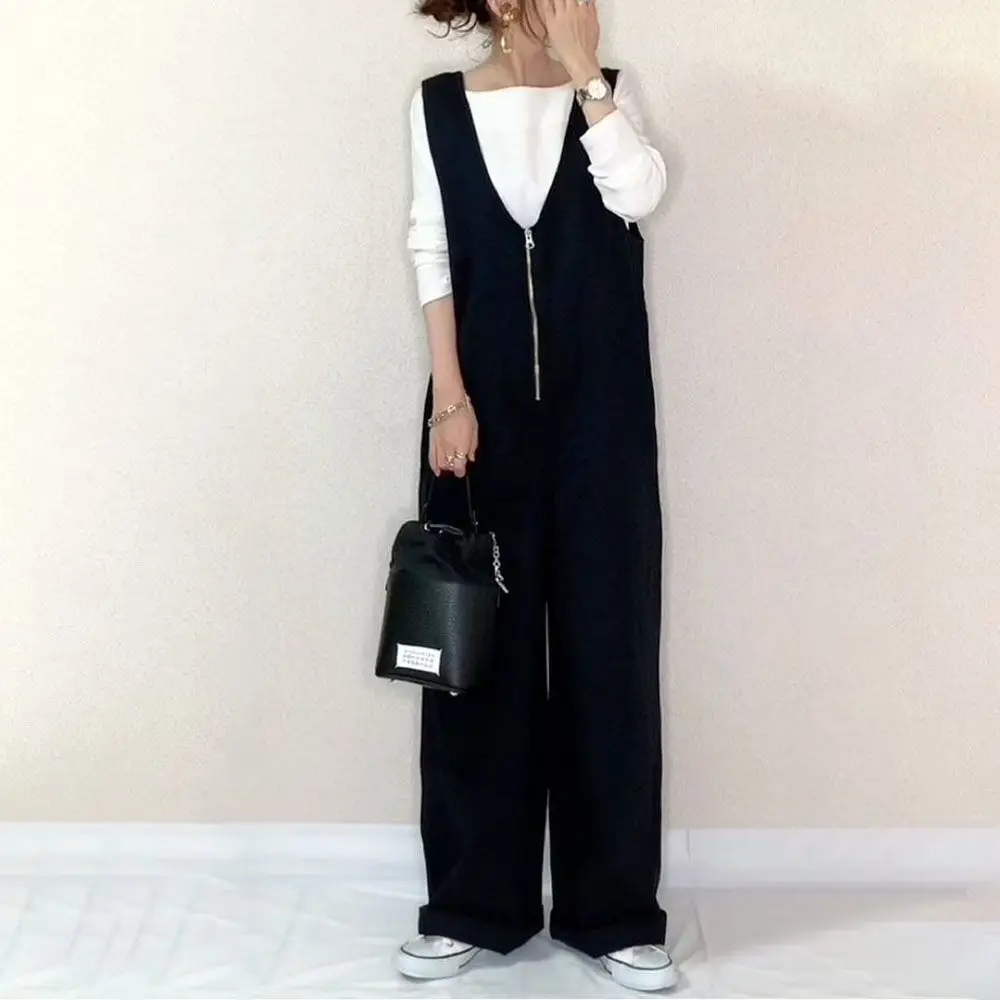 Japanese Style Zipper Strap Jumpsuit with Wide Leg Pants