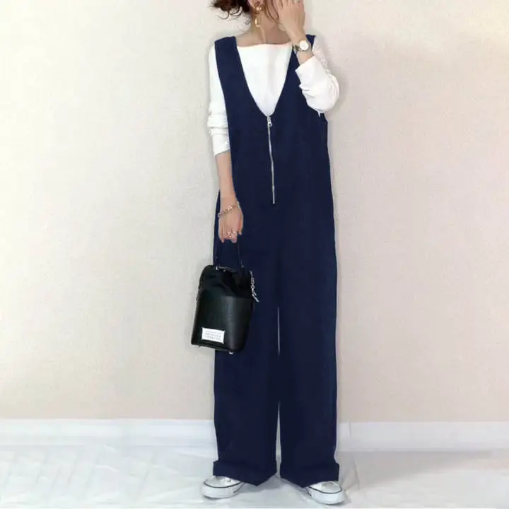 Japanese Style Zipper Strap Jumpsuit with Wide Leg Pants
