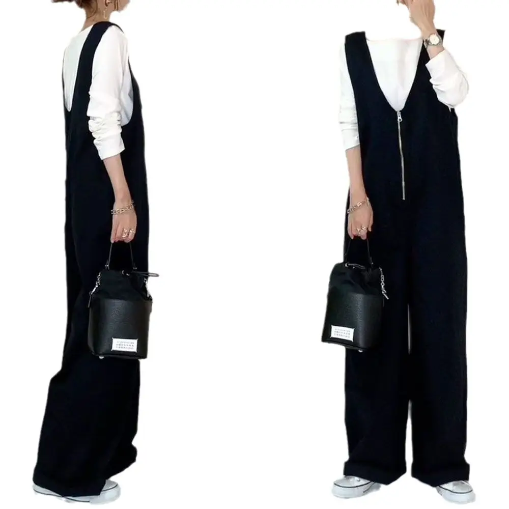 Japanese Style Zipper Strap Jumpsuit with Wide Leg Pants