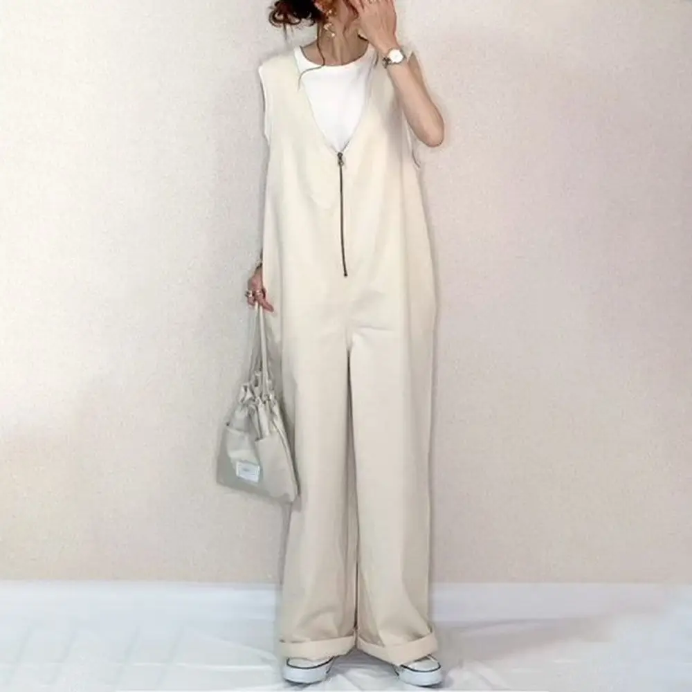 Japanese Style Zipper Strap Jumpsuit with Wide Leg Pants