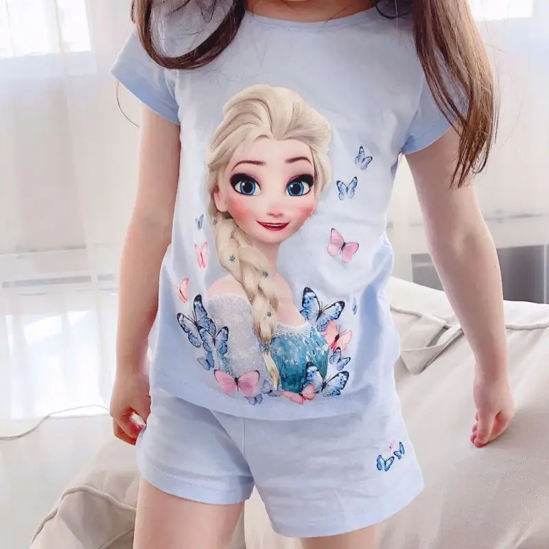 Summer Girls' Cotton Pajamas 2026 New Style Thin Home Wear for Older Children, Girls' Elsa Short-Sleeve Set