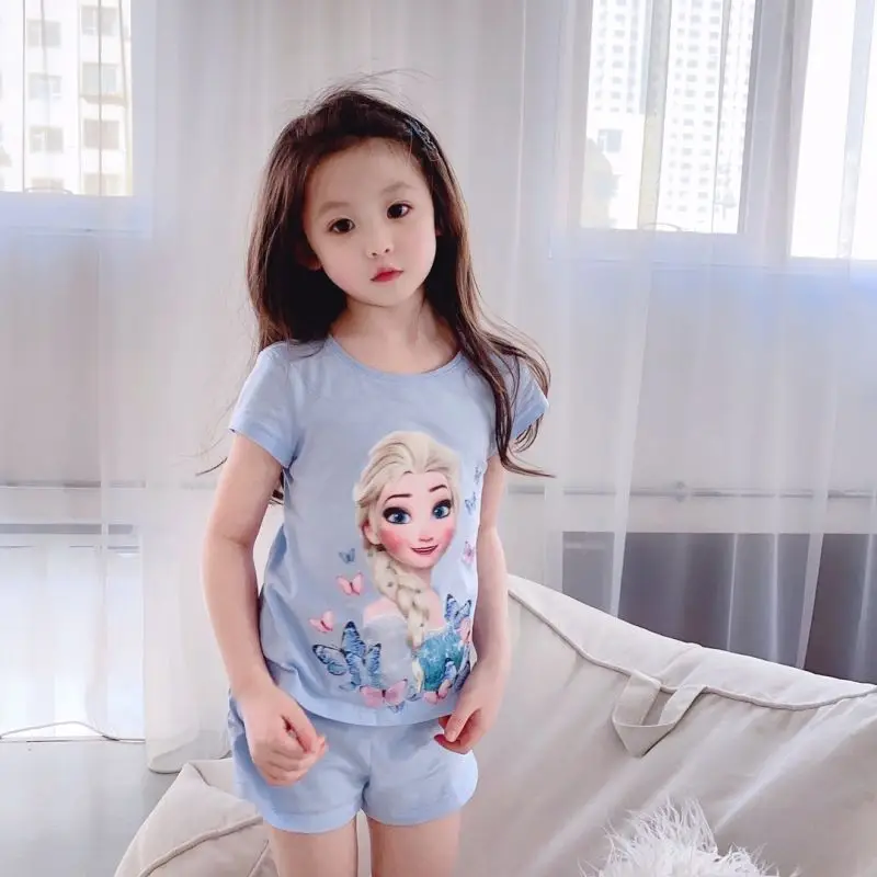 Summer Girls' Cotton Pajamas 2026 New Style Thin Home Wear for Older Children, Girls' Elsa Short-Sleeve Set