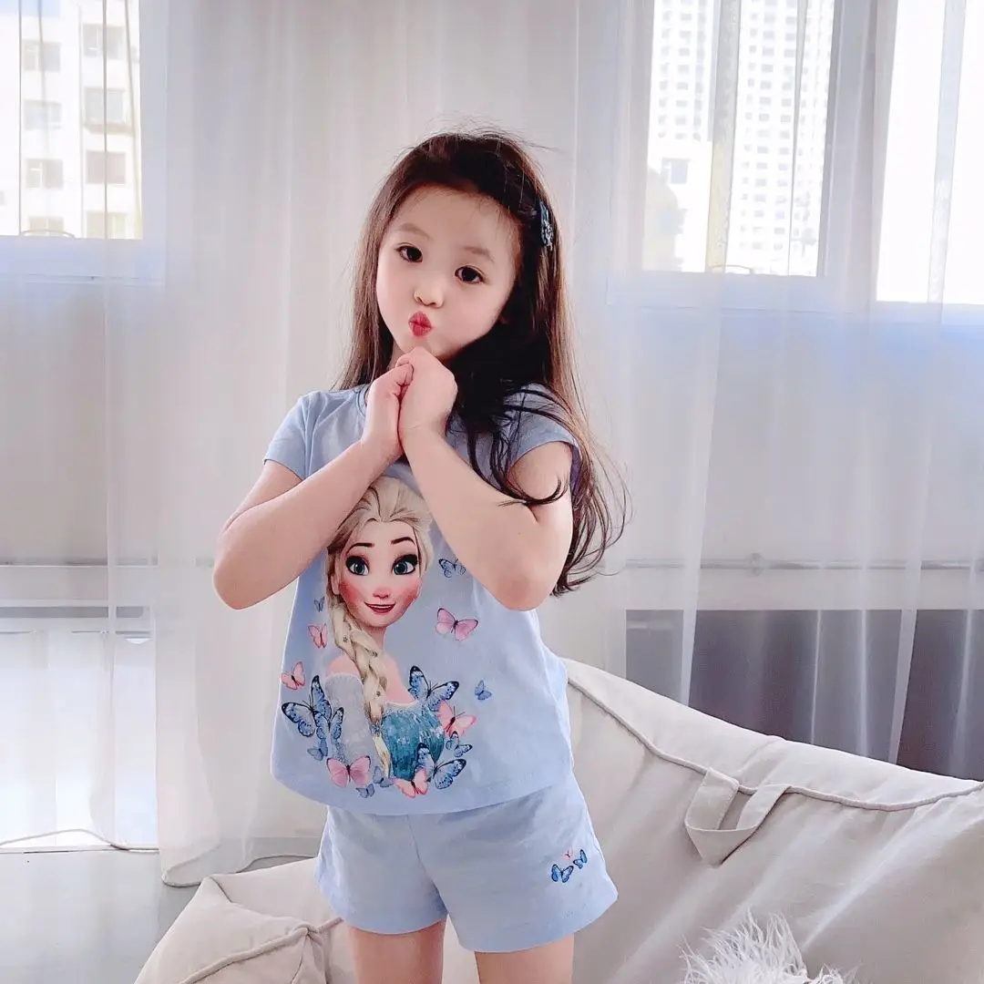 Summer Girls' Cotton Pajamas 2026 New Style Thin Home Wear for Older Children, Girls' Elsa Short-Sleeve Set