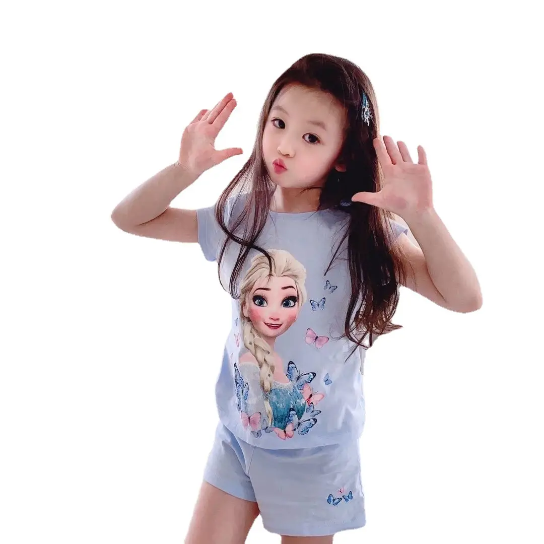 Summer Girls' Cotton Pajamas 2026 New Style Thin Home Wear for Older Children, Girls' Elsa Short-Sleeve Set