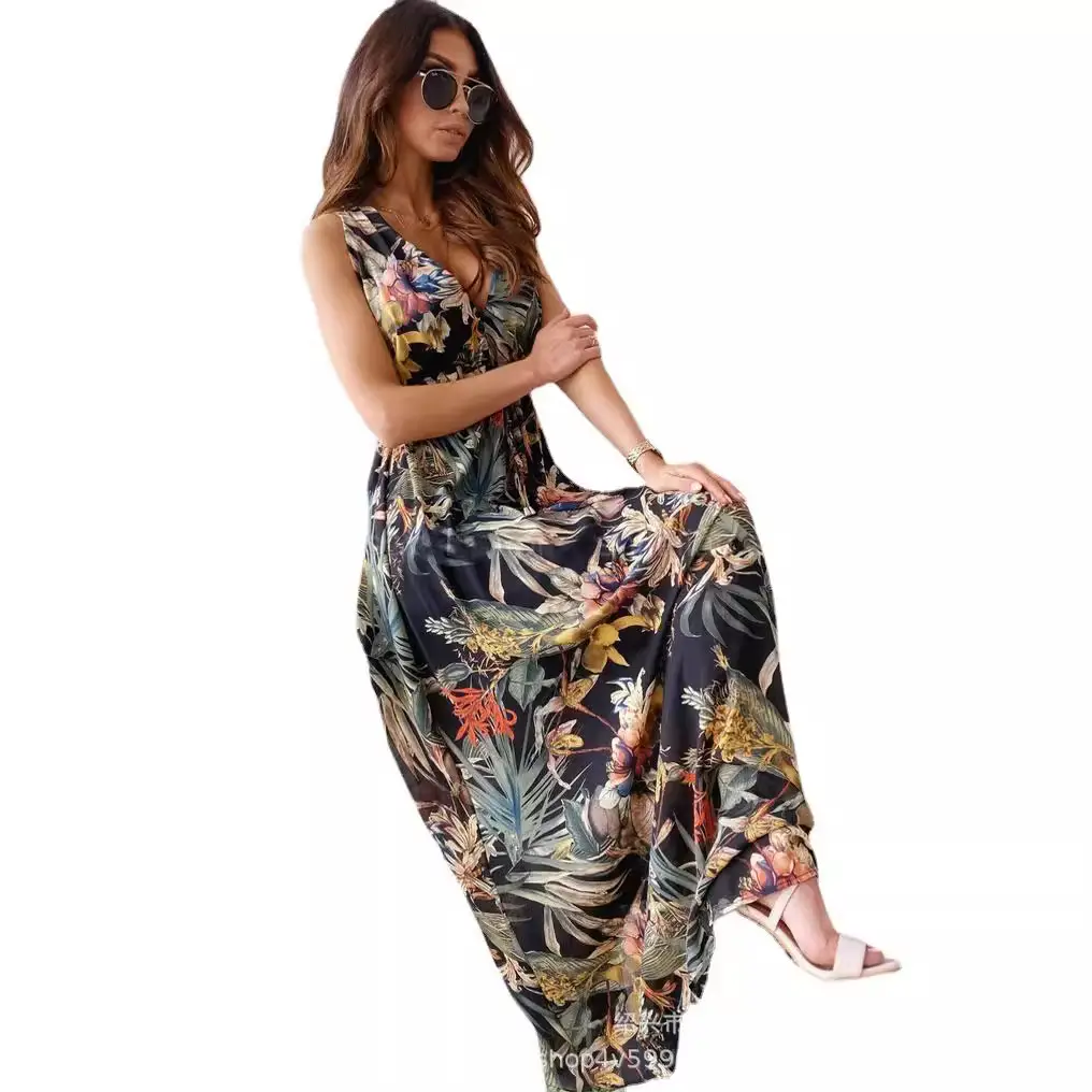 Bohemian Floral Long Dress Blue Mid Waist Drawstring