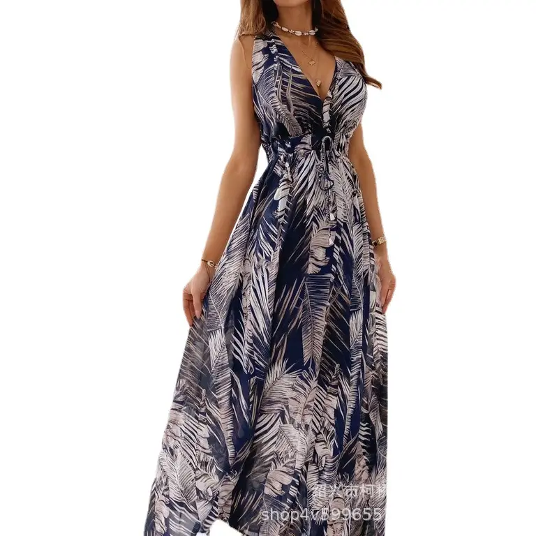 Bohemian Floral Long Dress Blue Mid Waist Drawstring