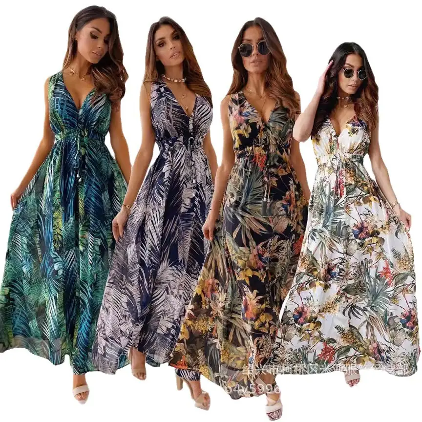 Bohemian Floral Long Dress Blue Mid Waist Drawstring