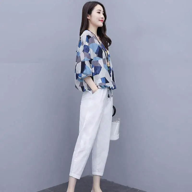 Women 2-Piece Western Suit Blue White Large Size - Image 7