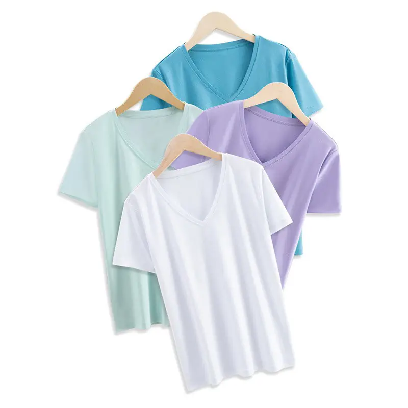 Women V-Neck Mercerized Cotton T-Shirt Light Green 80oz