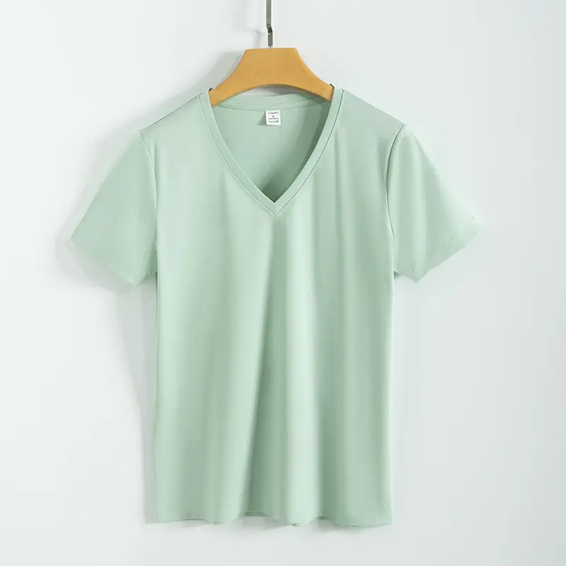 Women V-Neck Mercerized Cotton T-Shirt Light Green 80oz