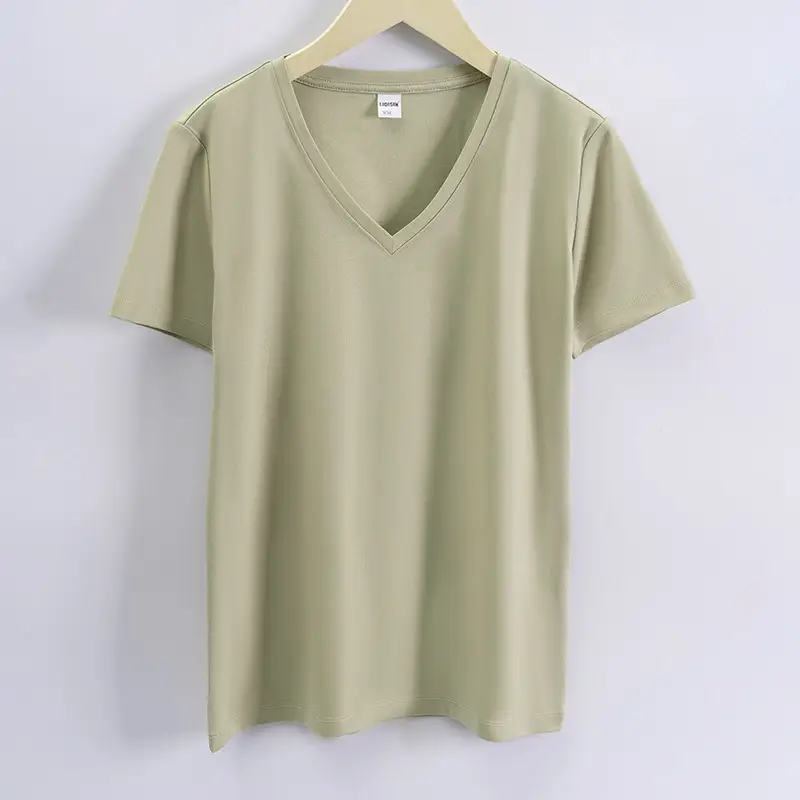 Women V-Neck Mercerized Cotton T-Shirt Light Green 80oz