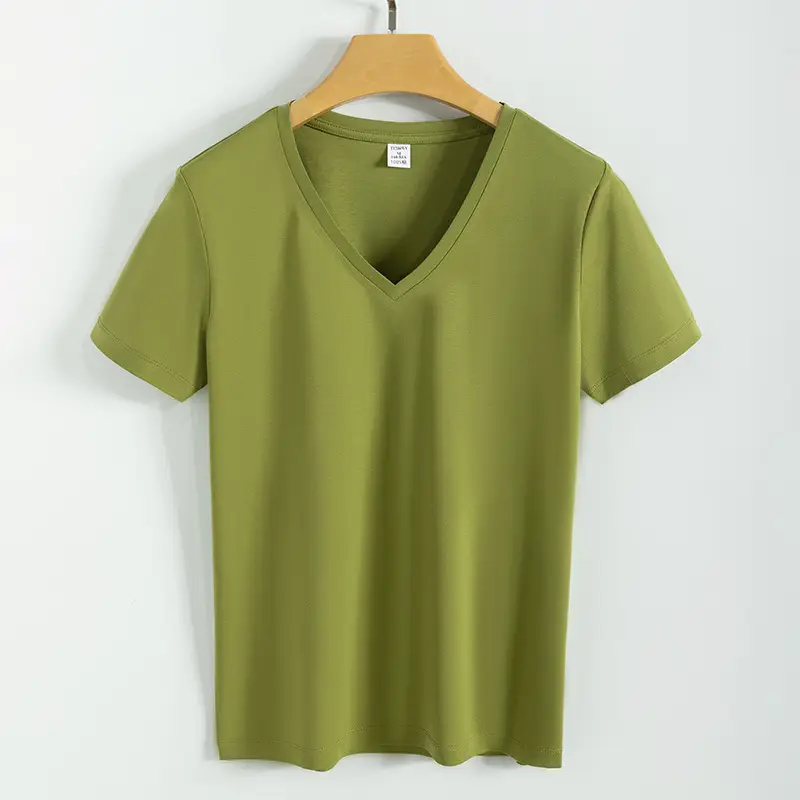 Women V-Neck Mercerized Cotton T-Shirt Light Green 80oz