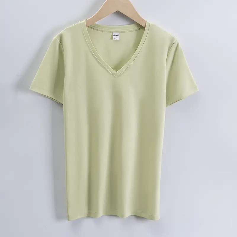 Women V-Neck Mercerized Cotton T-Shirt Light Green 80oz