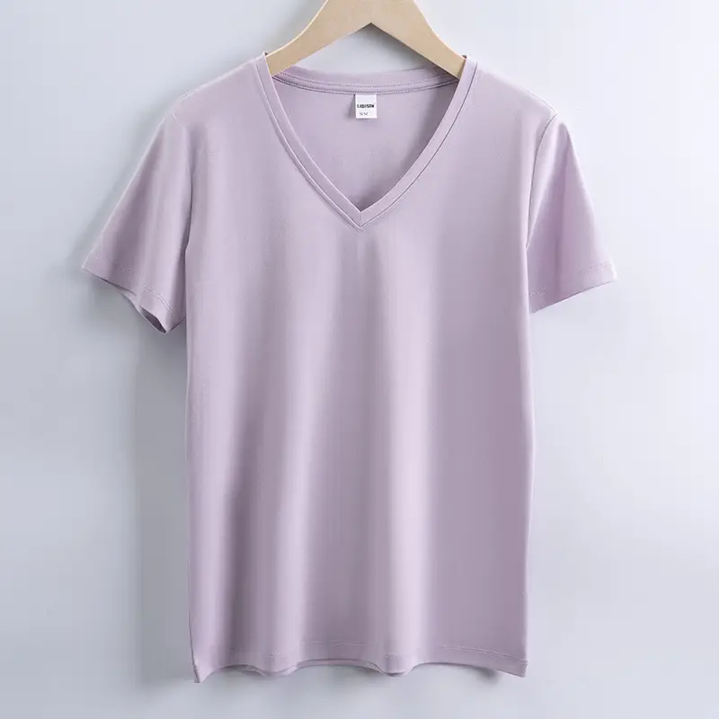 Women V-Neck Mercerized Cotton T-Shirt Light Green 80oz