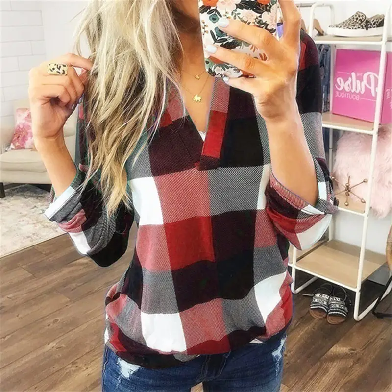 2023 Women's Plaid V-Neck Long Sleeve T-Shirt - Image 11
