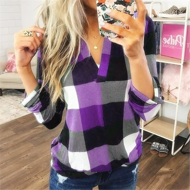 2023 Women's Plaid V-Neck Long Sleeve T-Shirt - Image 12