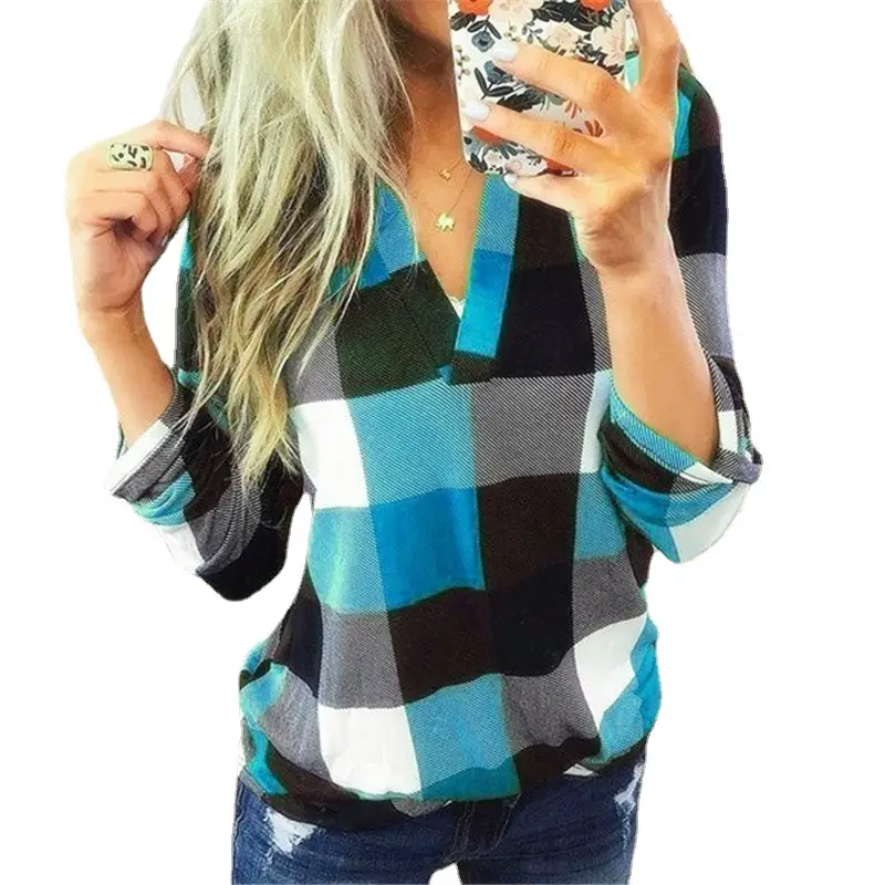 2023 Women's Plaid V-Neck Long Sleeve T-Shirt - Image 13