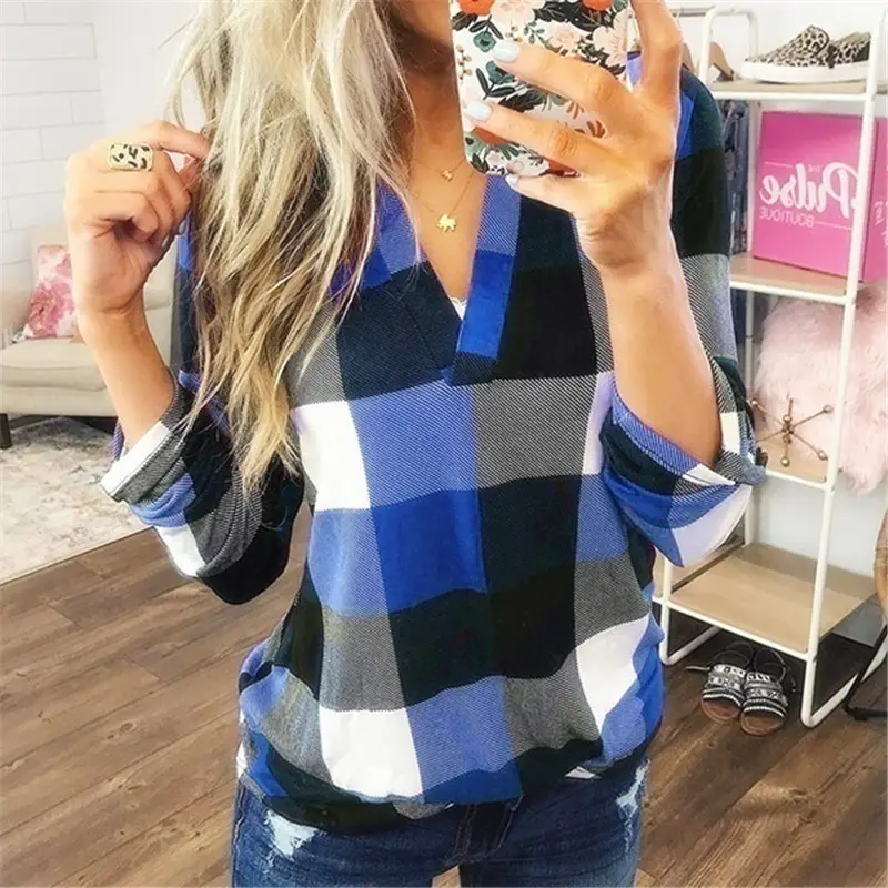 2023 Women's Plaid V-Neck Long Sleeve T-Shirt - Image 8