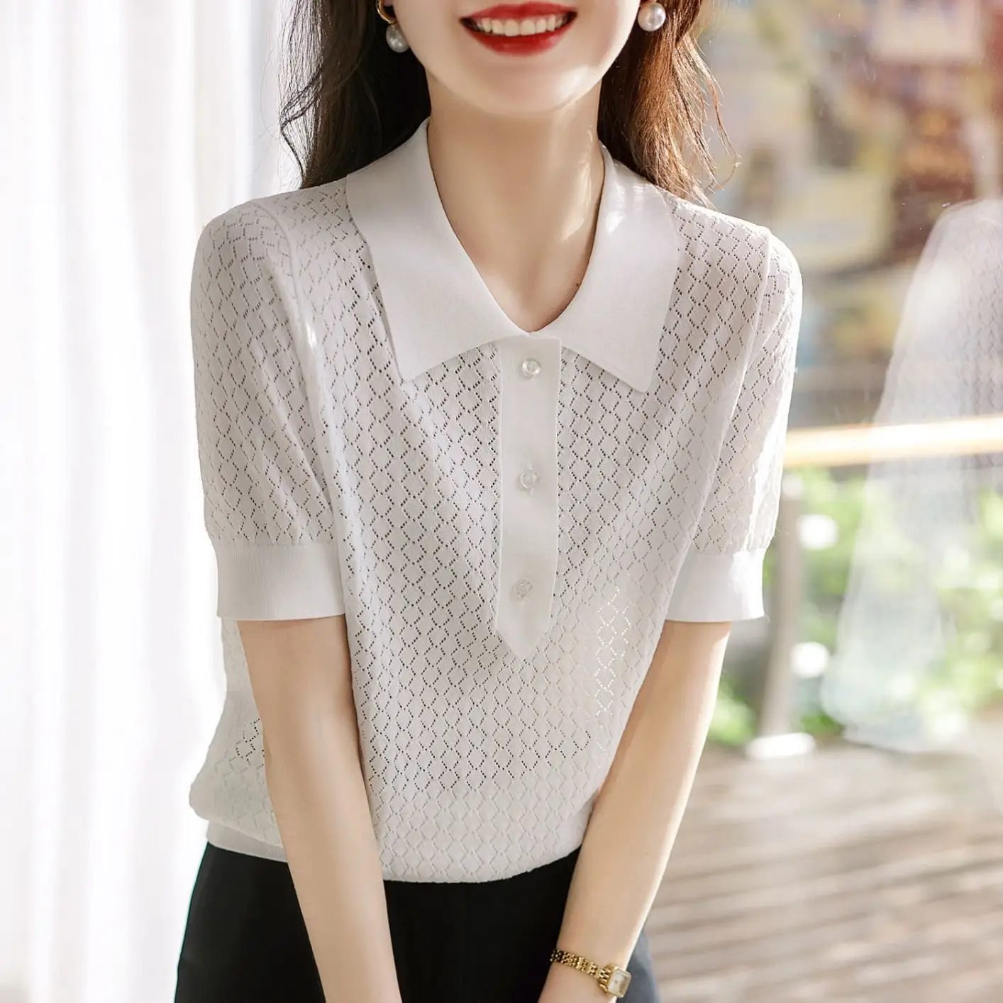 2024 Summer Rhombus Knitted Polo T-Shirt White - Image 3