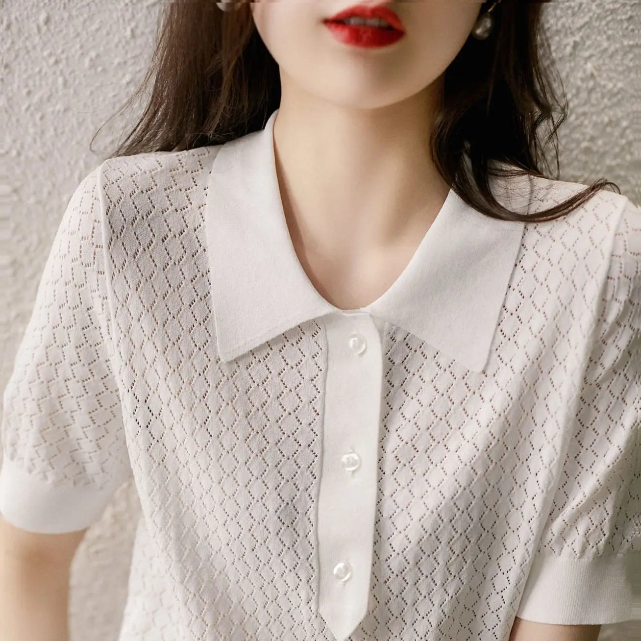 2024 Summer Rhombus Knitted Polo T-Shirt White - Image 4