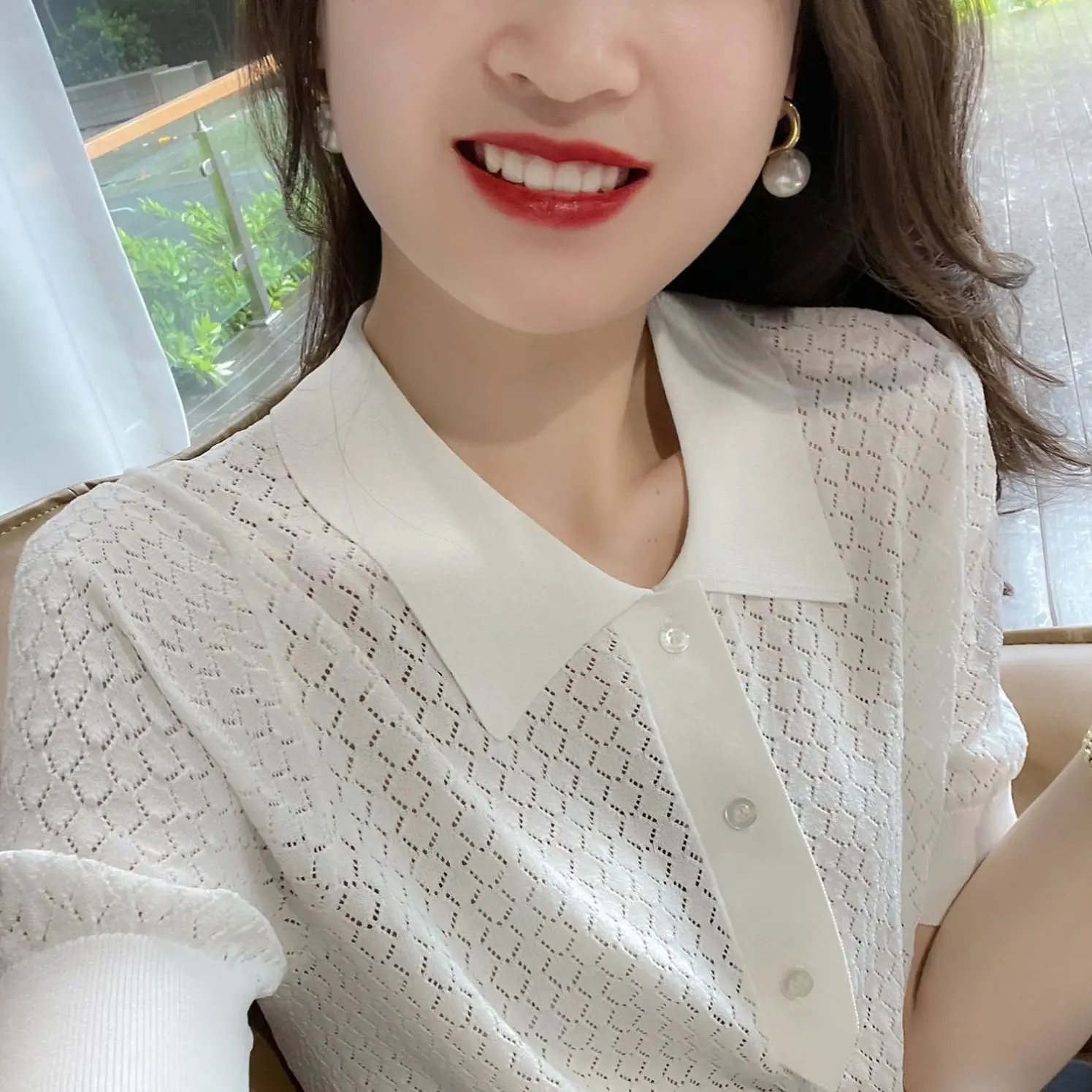 2024 Summer Rhombus Knitted Polo T-Shirt White - Image 6