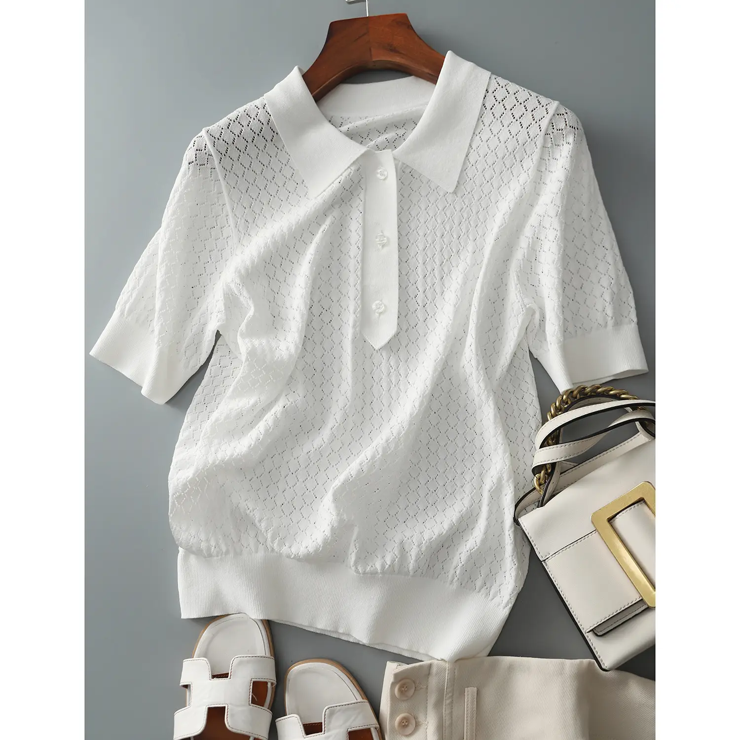 2024 Summer Rhombus Knitted Polo T-Shirt White — feature 3