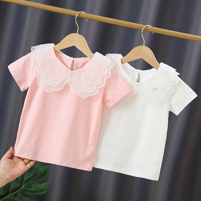 Girls' Pink Lace Short Sleeve T-Shirt Summer Cotton - Image 2