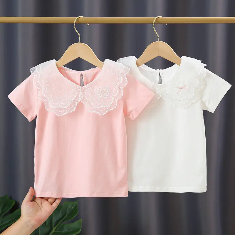 Girls' Pink Lace Short Sleeve T-Shirt Summer Cotton - Image 3