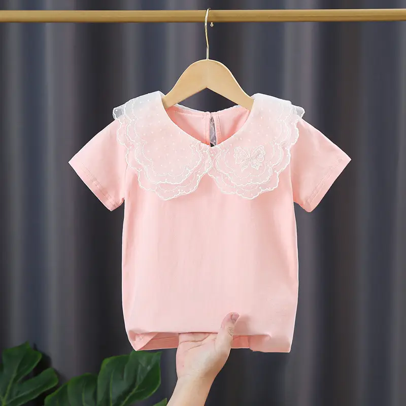 Girls' Pink Lace Short Sleeve T-Shirt Summer Cotton - Image 4