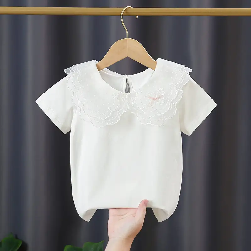 Girls' Pink Lace Short Sleeve T-Shirt Summer Cotton - Image 5