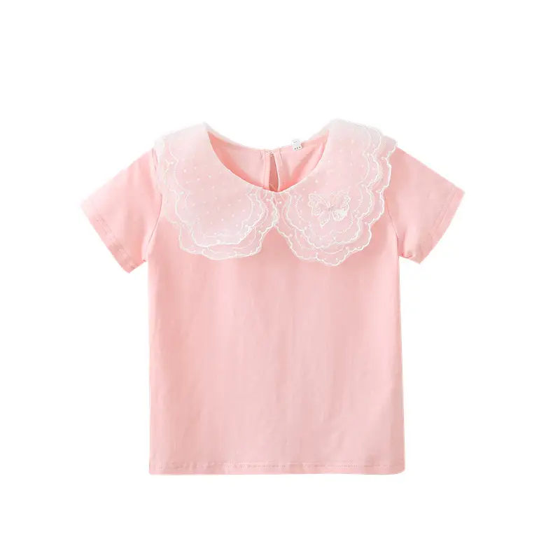 Girls' Pink Lace Short Sleeve T-Shirt Summer Cotton - Image 6