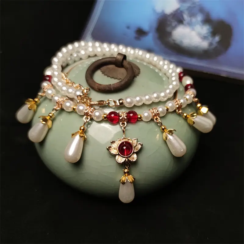 Pearl & Red Gemstone Hanfu Necklace for Women - Image 3