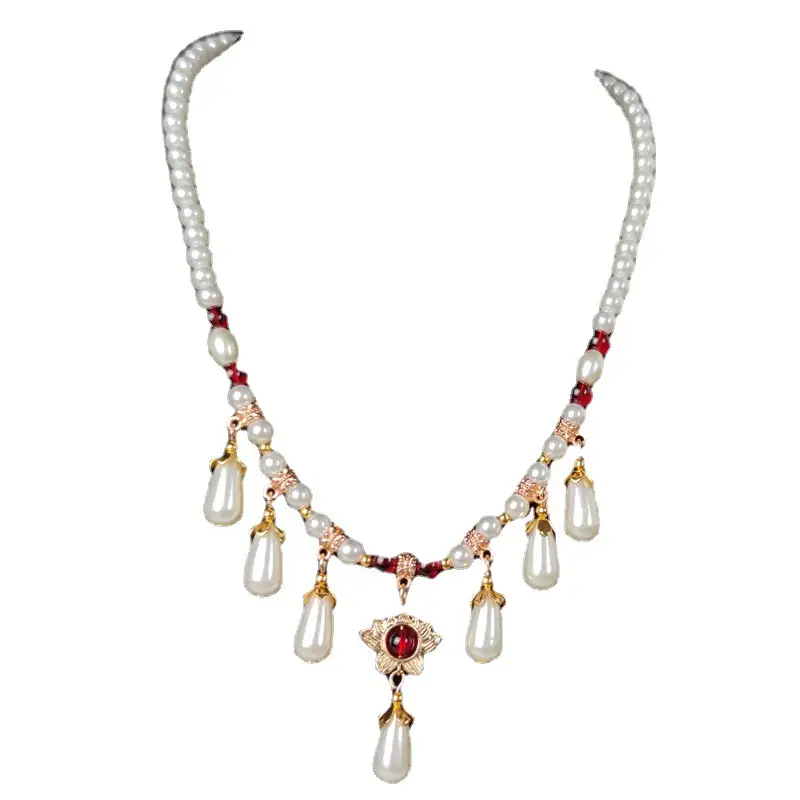 Pearl & Red Gemstone Hanfu Necklace for Women - Image 6