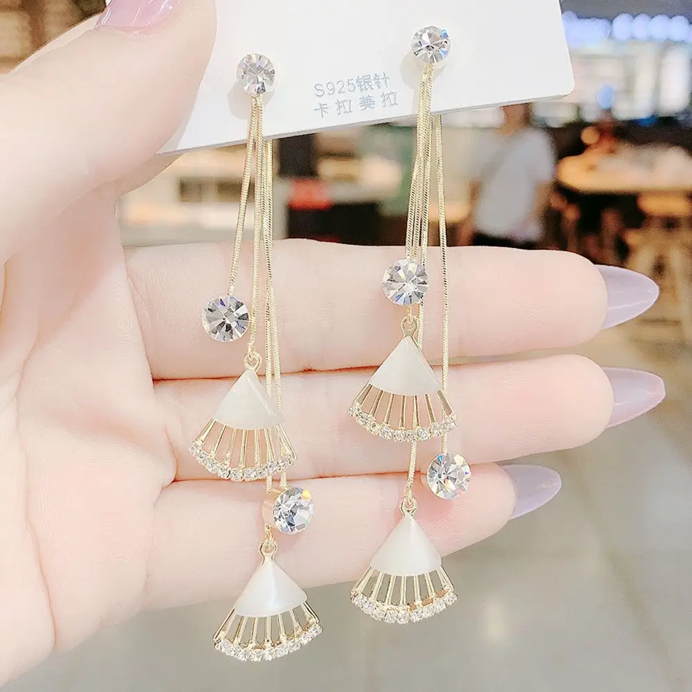 925 Silver Cat's Eye Fan Tassel Earrings - Image 3