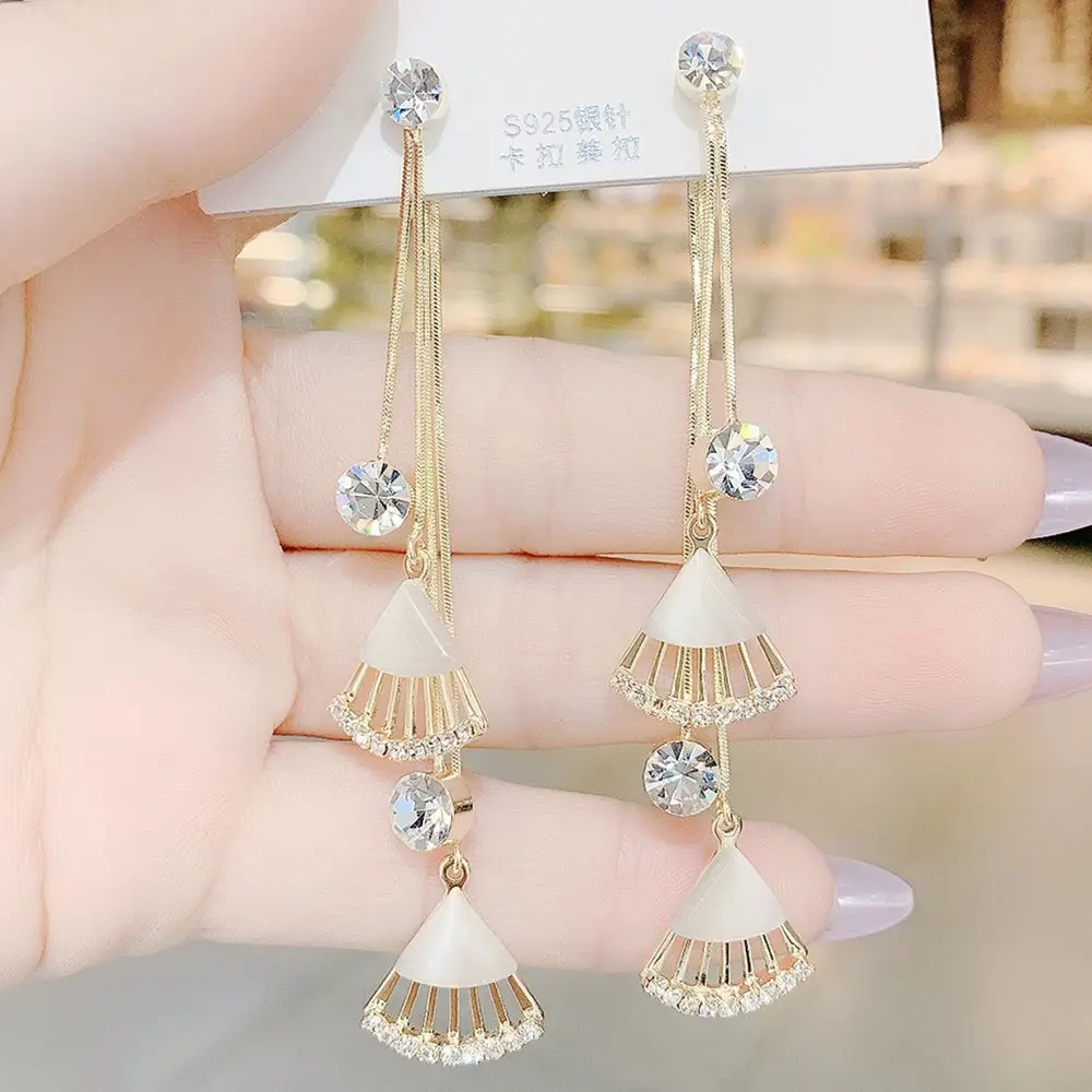 925 Silver Cat's Eye Fan Tassel Earrings - Image 4